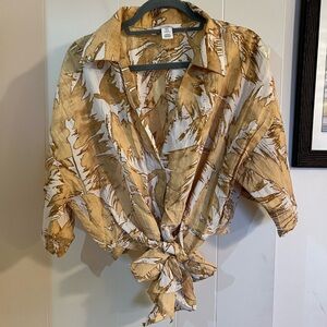 Beige and Brown Leaf Print Tie-Front Blouse